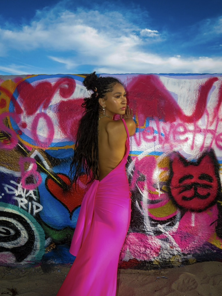Wider shot of Maria Williams in a pink gown against a graffiti wall and blue sky
