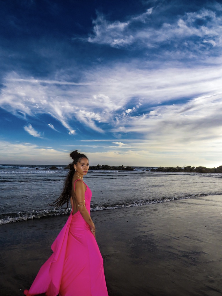 Maria Williams glancing back at the shoreline in a pink gown beneath sweeping clouds