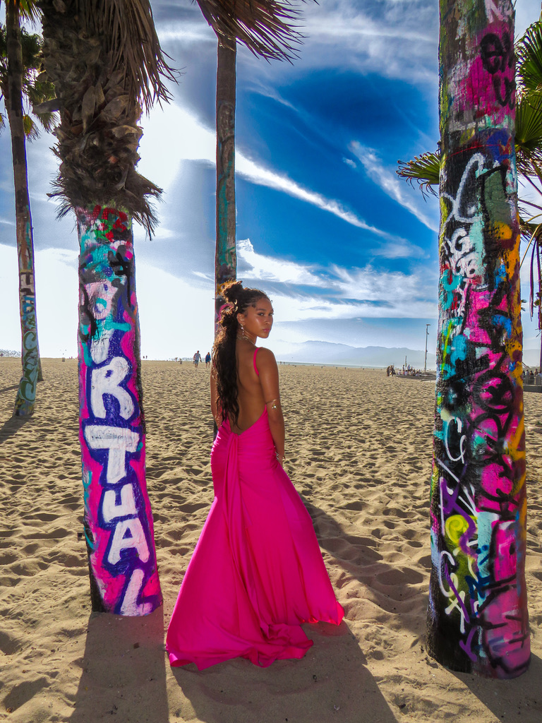 Maria Williams in a flowing pink gown between graffiti palm trunks reading VIRTUAL